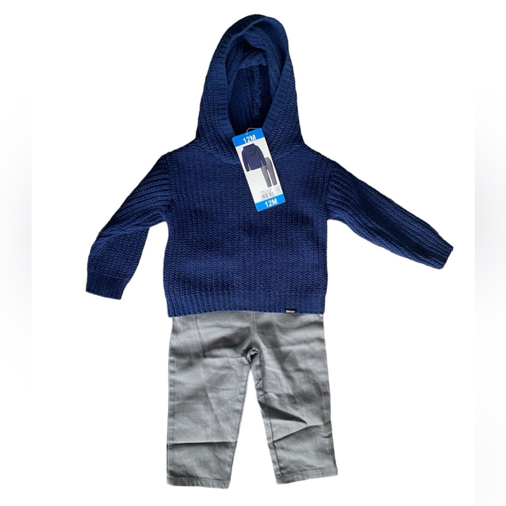 DKNY 12M NWT Hooded Navy Blue Sweater & Gray Elastic Pants Bundle Set